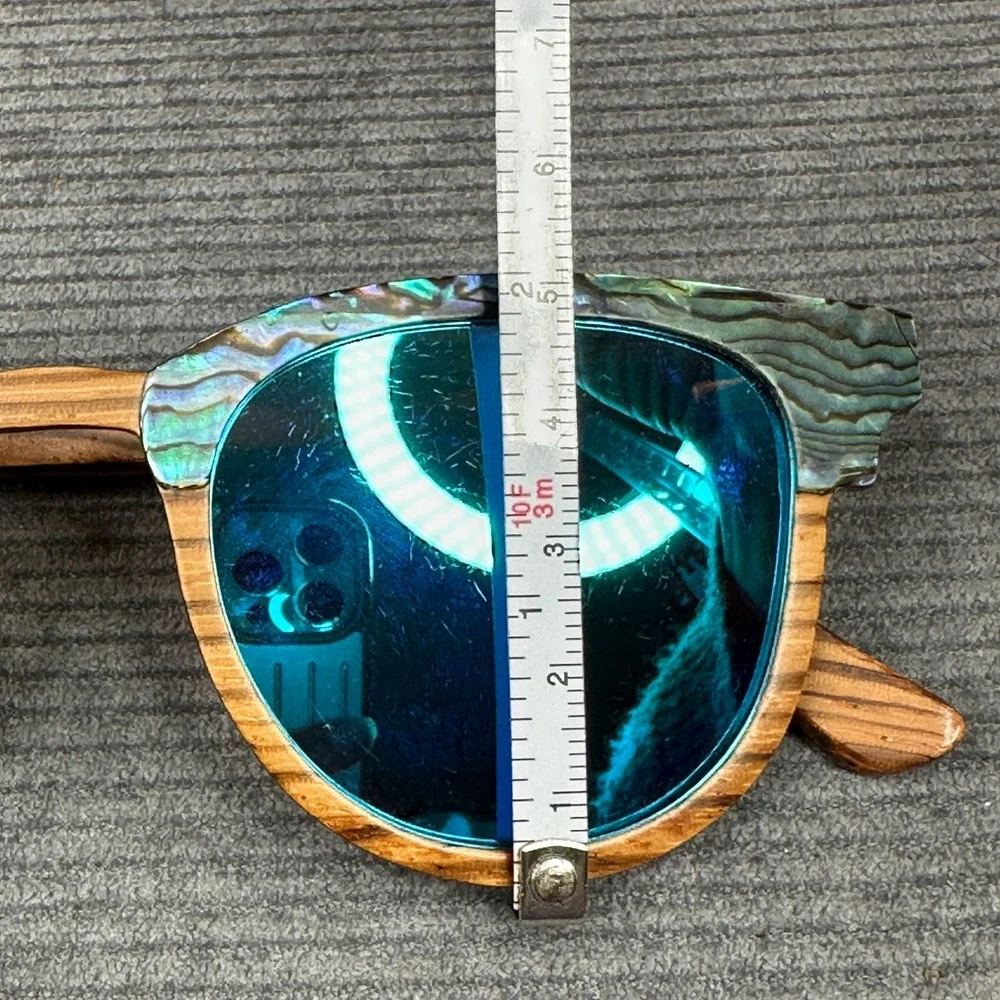 Soul California Wood Abalone Shell Sunglasses Blue Mirrored Lens Boho Wayfarer